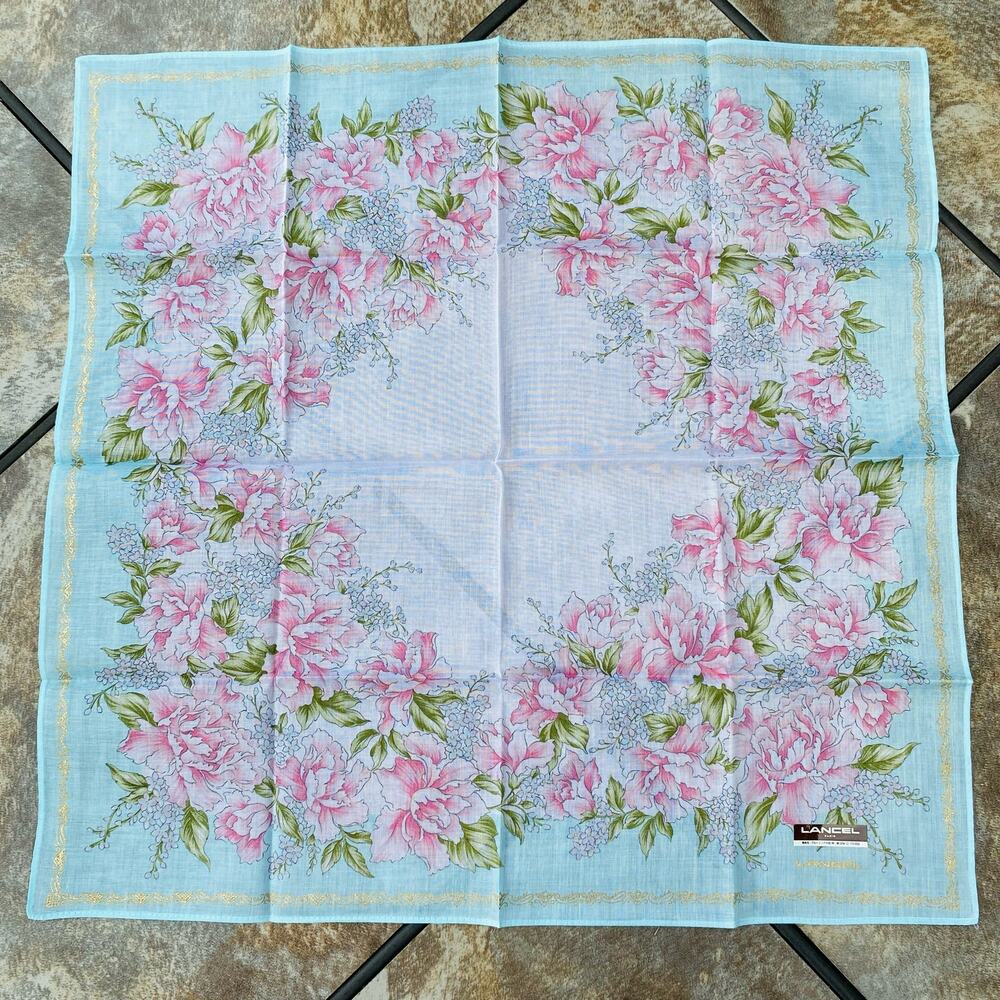 Lancel Paris Feminine Floral Cotton Scarf Pocket Square Handkerchief New